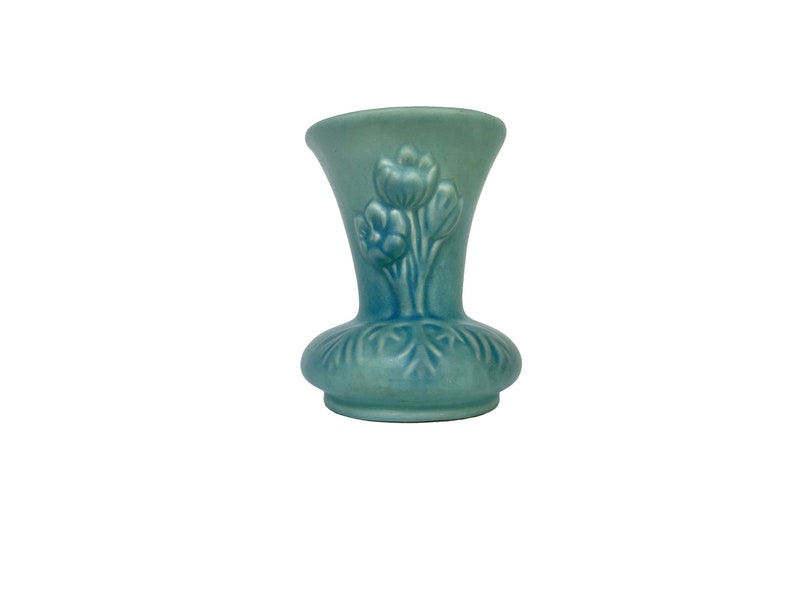 Midcentury Modern MCM 1940s Small Turquoise Vase with Floral Design