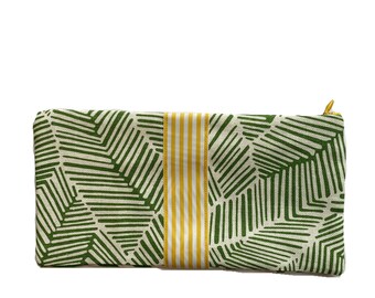 Travel Accessory Makeup Pouch Clutch Reclaimed Upholstery Fabrics Schumacher Green and White Palm Print Yellow Striped 100% Linen Lined