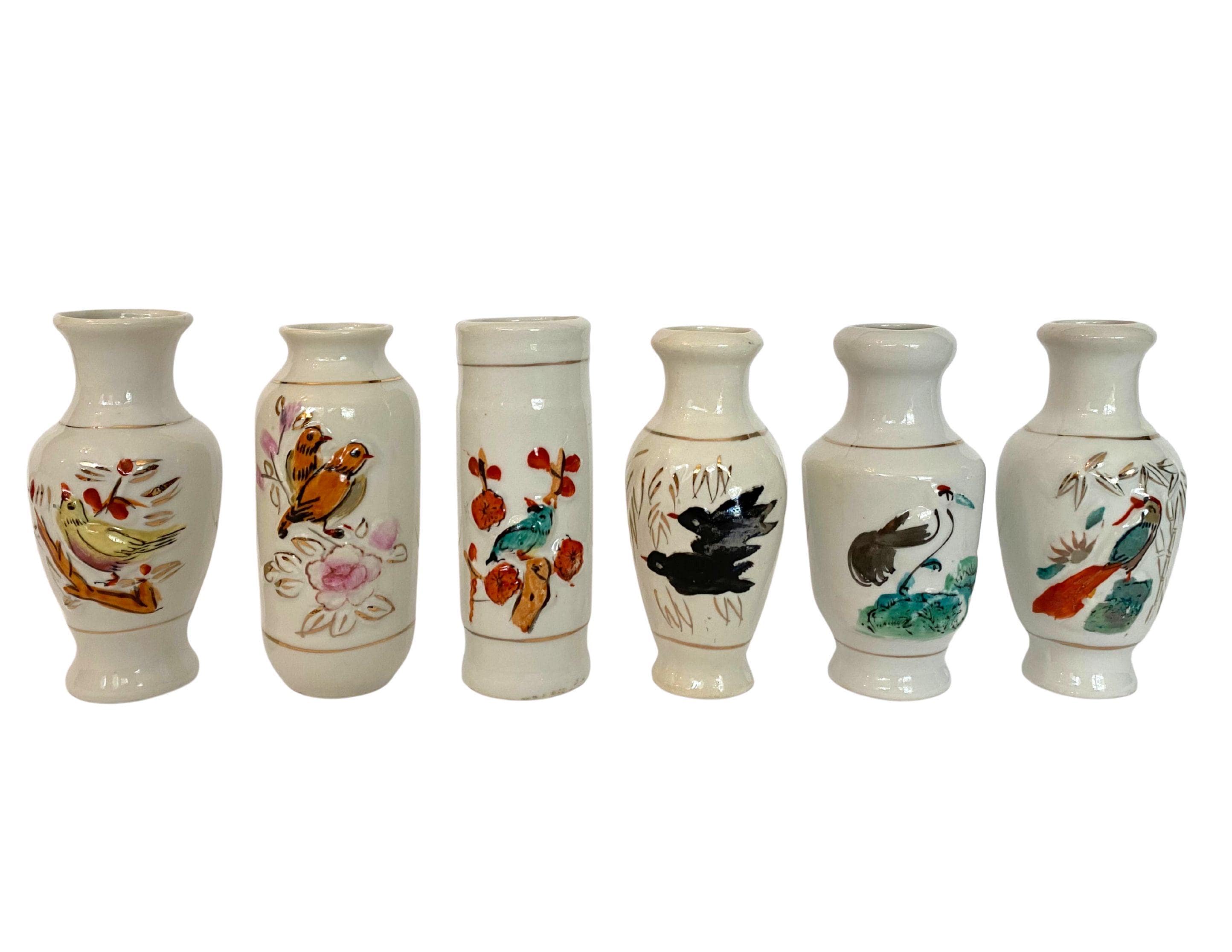 ヴィンテージ 6個セット 小型花瓶 | 鳥のテーマ | アジアンアート風