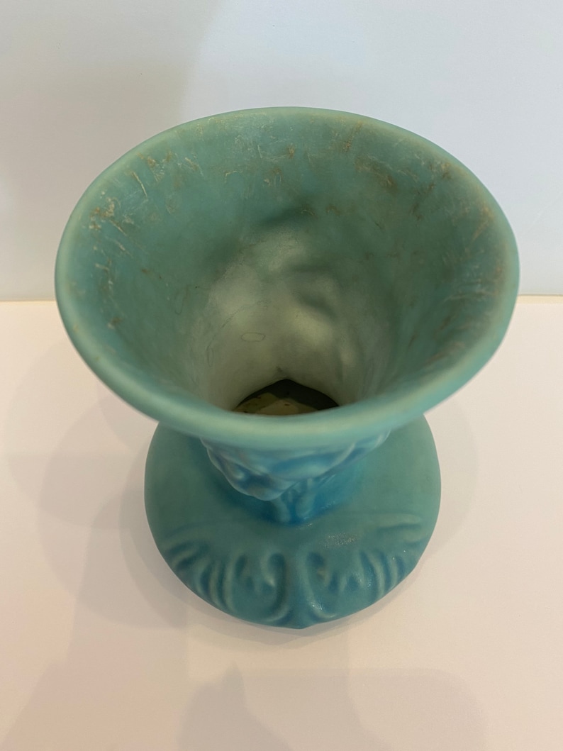 Midcentury Modern MCM 1940s Small Turquoise Vase with Floral Design
