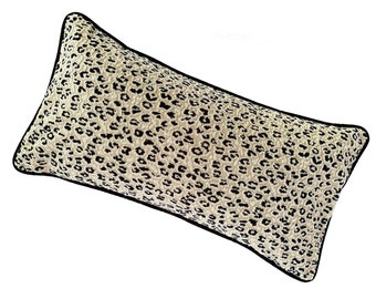 Velvet Black and Ivory Leopard Lumbar Pillow 27x14 inches