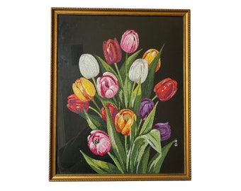 Tulip Floral Needlepoint Artwork, Embroidered Tulips, Gold Frame, Needlepoint Flowers, Embroidery, Embroidered Flowers