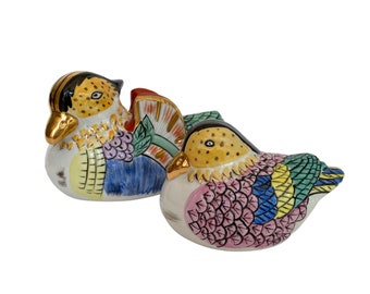 Hand painted Ceramic Pair of Birds Ducks Gold and Pastel Colors