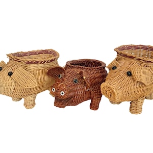Trio of Decorative Wicker Baskets Shaped like Pigs