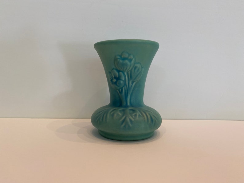 Midcentury Modern MCM 1940s Small Turquoise Vase with Floral Design