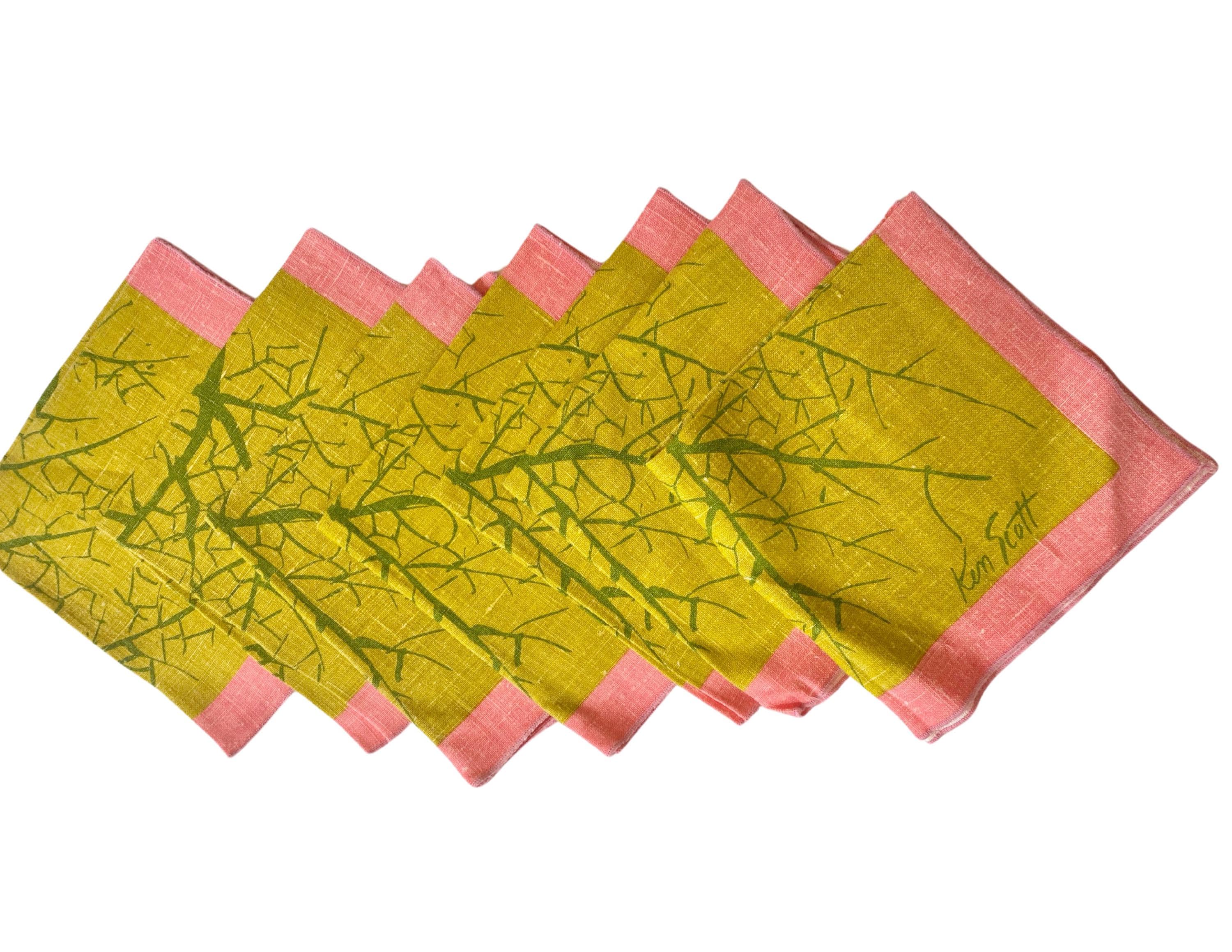 Ken Scott Square Table Napkins Mid Century Modern Set of (7) MCM Pink and Green Coral Tree Print