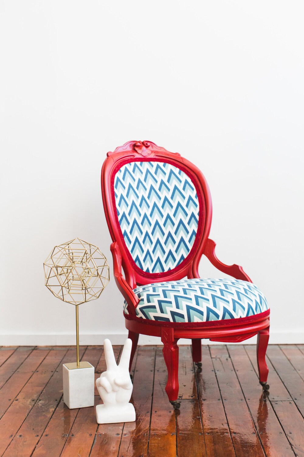 Refurbished Vintage Red Painted Accent Chair and Stool Blue Etsy