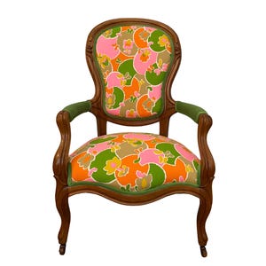 Victorian Wooden Armchair Upholstered in Vintage Colorful Groovy Print Fabric and Green Velvet