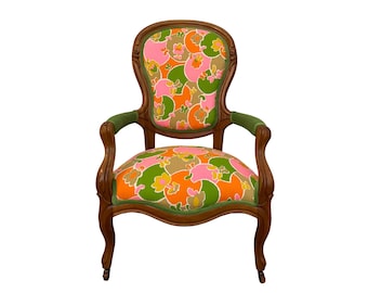 Victorian Wooden Armchair Upholstered in Vintage Colorful Groovy Print Fabric and Green Velvet