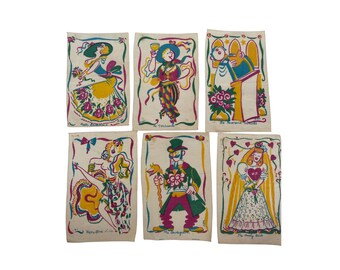 May include: Six rectangular off-white fabric panels featuring colorful screen-printed illustrations of various characters. Each panel includes a unique figure with hand-lettered text at the bottom, including The Debutante, The Toastmaster, The Reverend, Happy-Go-Lucky, The Conductor, and The Lovely Bride.