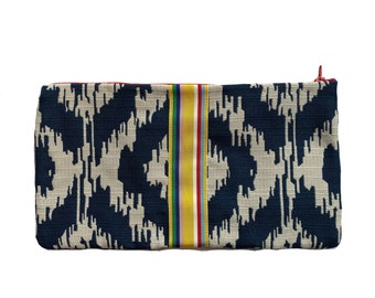 Travel Accessory Makeup Pouch Clutch Reclaimed Upholstery Fabrics Navy and White Ikat Print Yellow Multi Ribbon Pattern 100% Linen Lined