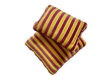 Pair of Velvet Striped Pink and Yellow Decorative Pillows 17x17” and 11x15” Pair