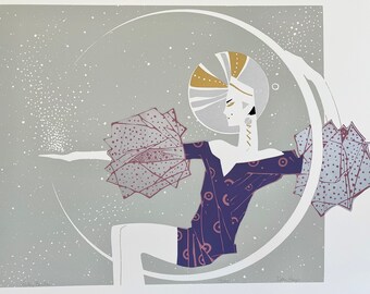 Vintage Lady Bride Serigraph by Dean Hayes 1980’s woman in headdress and fashionable outfit Pinks Purples and Metallics