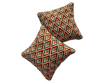 Handmade Orange, Turquoise and Black Diamond Woven Fabric Pillows Feather Fill 18x18