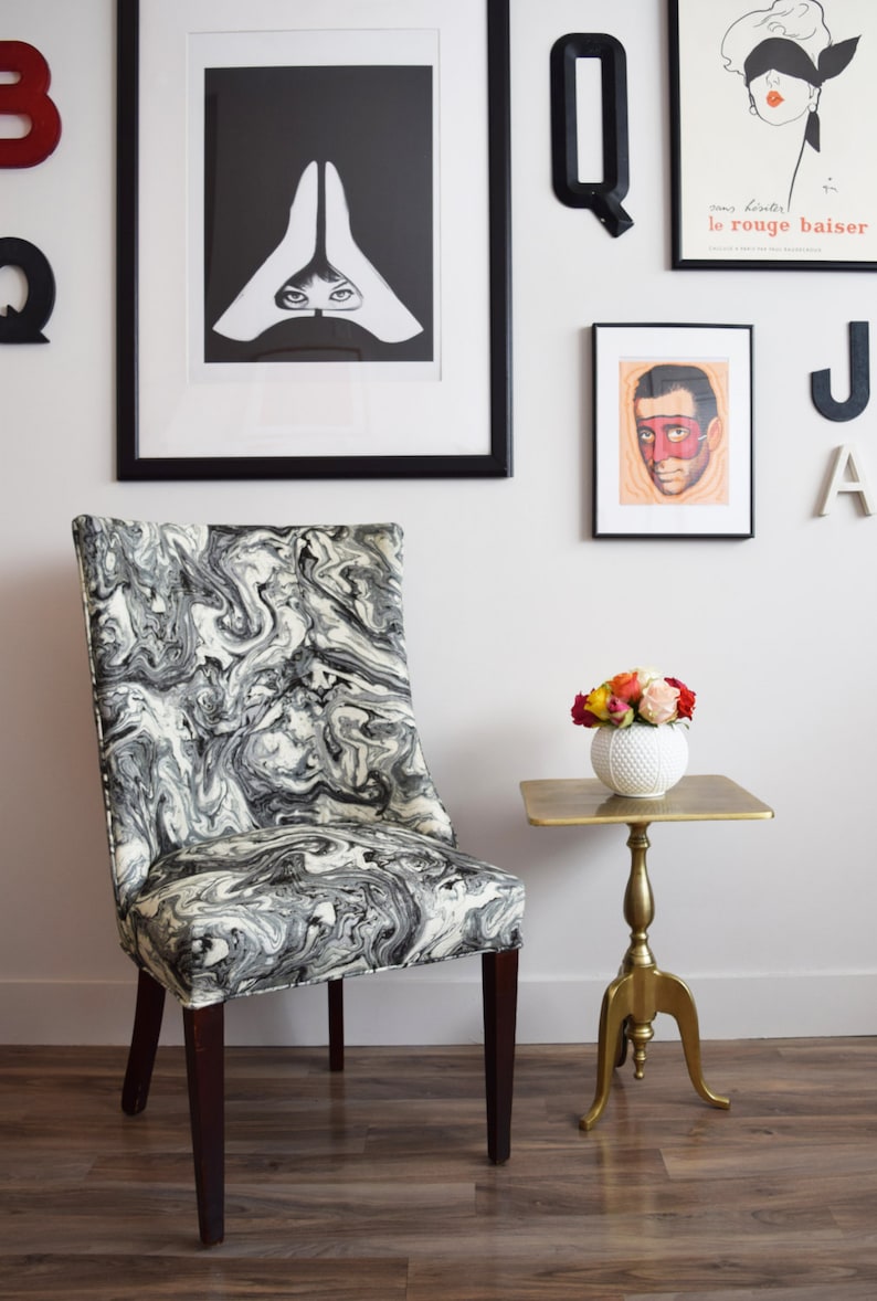 Upholstered Vintage Accent Chair with Marble Black and White Fabric image 1