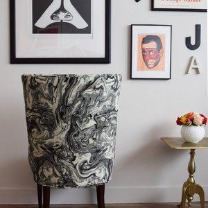 Upholstered Vintage Accent Chair with Marble Black and White Fabric image 3