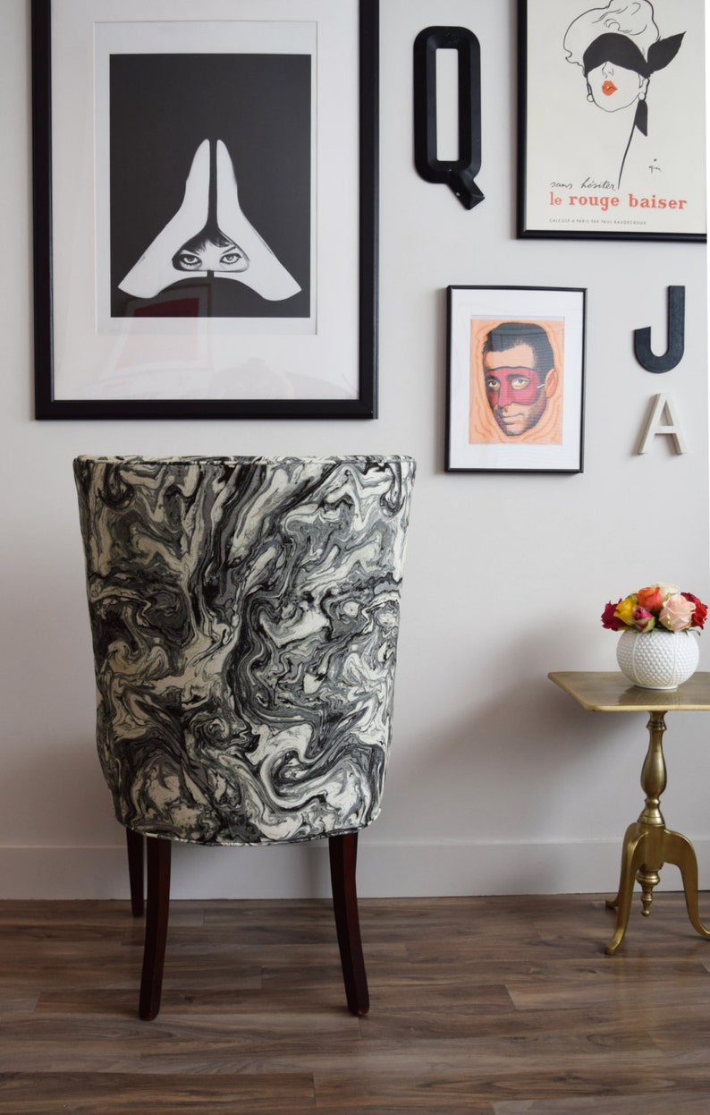 Upholstered Vintage Accent Chair with Marble Black and White Fabric image 3