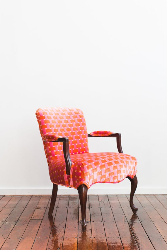 Upholstered Vintage Wooden Arm Chair Orange Pink Velvet Upholstered Vintage Wooden Arm Chair, Antique Wooden Arm Chair