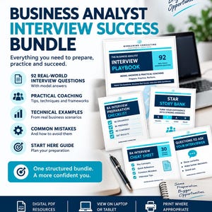 May include: A Business Analyst Interview Success Bundle from Nimblemind Consulting featuring a playbook, checklist, story bank, and cheat sheet. The documents include text about interview questions, coaching, and preparation strategies in blue and white.