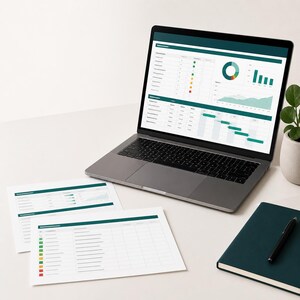 May include: A dark gray laptop displaying a digital dashboard with data tables, a donut chart, and a bar graph. Two printed sheets of paper with similar data tables lie on the surface, alongside a dark green notebook and a black pen.
