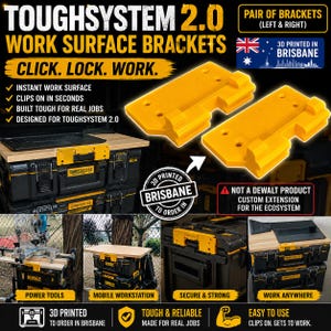 Könnte beinhalten: Ein Paar gelbe, 3D-gedruckte Arbeitsflächenhalterungen für ToughSystem 2.0 Aufbewahrungseinheiten. Die Halterungen verfügen über ein Clip-Design zur Erstellung eines mobilen Arbeitsplatzes. Der Text umfasst ToughSystem 2.0 Work Surface Brackets und 3D Printed in Brisbane.