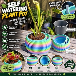 May include: A round, ribbed, self-watering plant pot with a rainbow gradient finish. It includes a removable inner planting pot, a water reservoir outer pot, and a water level indicator. The dimensions are 91mm x 72mm. The pot is shown with a plant.