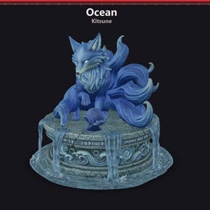 Kitsune STL collection: Ossuary, Ocean and Demon Fox Spirit nine-tailed fox statues, front view of the coloured digital models