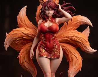 Crimson Kitsune Maiden STL File - Furious Nine-Tailed Fox Girl in a Short Red Qipao with Fire, Anime Statue