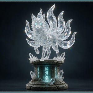 Crystal Kitsune STL file - Crystal Nine-Tailed Fox on Rune Pedestal Statue: AI concept artwork the 3D model was made from, Mystvane