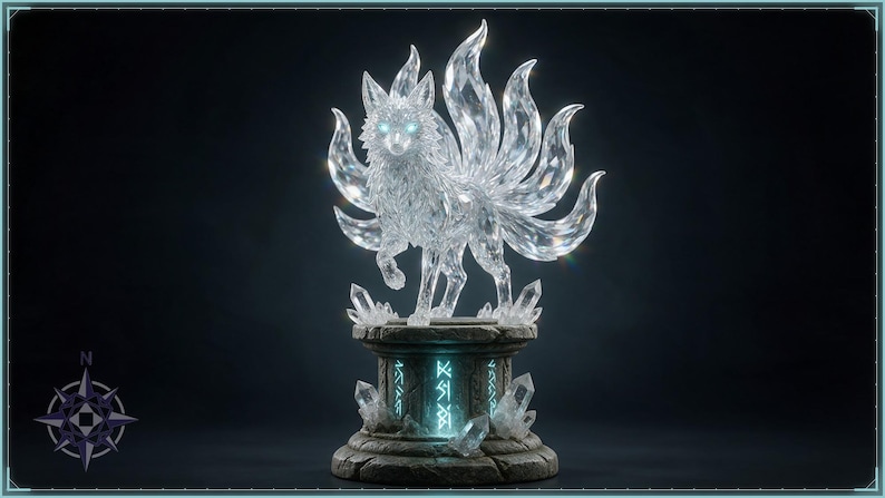 Crystal Kitsune STL file - Crystal Nine-Tailed Fox on Rune Pedestal Statue: AI concept artwork the 3D model was made from, Mystvane