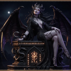 May include: A dark-skinned winged figure with horns and long dark hair sits on a stone pedestal. The figure wears a black dress and is adorned with a snake. The pedestal features glowing orange runic inscriptions and a central symbol in a dark setting.