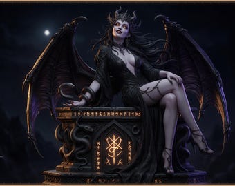 May include: A dark-skinned winged figure with horns and long dark hair sits on a stone pedestal. The figure wears a black dress and is adorned with a snake. The pedestal features glowing orange runic inscriptions and a central symbol in a dark setting.