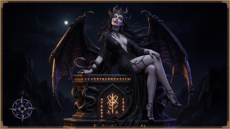 Lilith winged demon queen statue full front view on throne, dark fantasy 3D printable figurine STL file