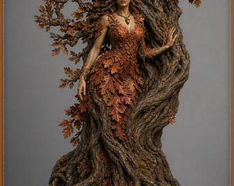 Può includere: Una scultura dettagliata di una figura che si fonde con una quercia, con un abito fatto di foglie autunnali, capelli fluenti e una base in corteccia testurizzata. La figura è circondata da rami nodosi e fogliame di quercia marrone, arancione e rosso.