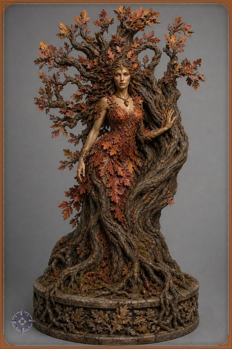Autumn Spirit STL file - Dryad Tree Spirit in Ancient Oak Statue: AI concept artwork the 3D model was made from, Mystvane