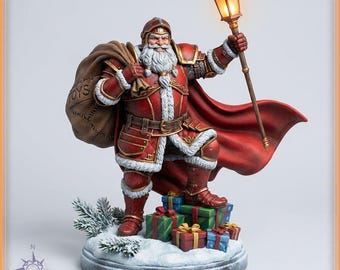 Santa Claus STL File - Armored Warrior Santa with Lantern and Toy Sack Statue