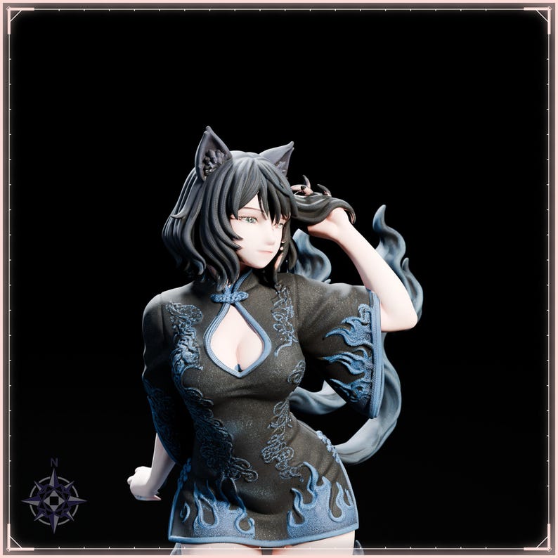Blue Flame Cat Maiden STL file for 3D printing - folklore anime girl statue, image 11 of 11
