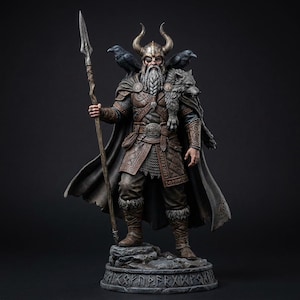 Odin Norse god statue with spear and ravens, main view