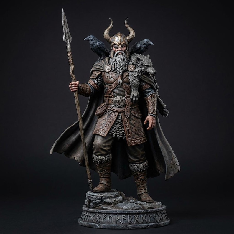 Odin Norse god statue with spear and ravens, main view