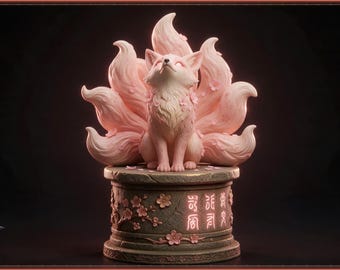 May include: A light pink nine-tailed fox figurine sits atop a cylindrical stone-textured pedestal. The fox has detailed fur and small cherry blossom accents. The pedestal features carved cherry blossom branches and glowing pink Chinese characters.