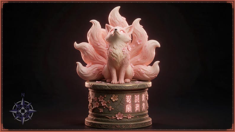 Blossom Kitsune STL file - Cherry Blossom Nine-Tailed Fox Statue: AI concept artwork the 3D model was made from, Mystvane