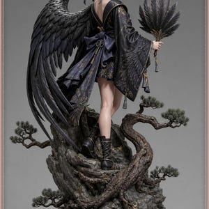Tengu Girl STL file - Karasu Crow Yokai Warrior Statue: AI concept artwork the 3D model was made from, Mystvane
