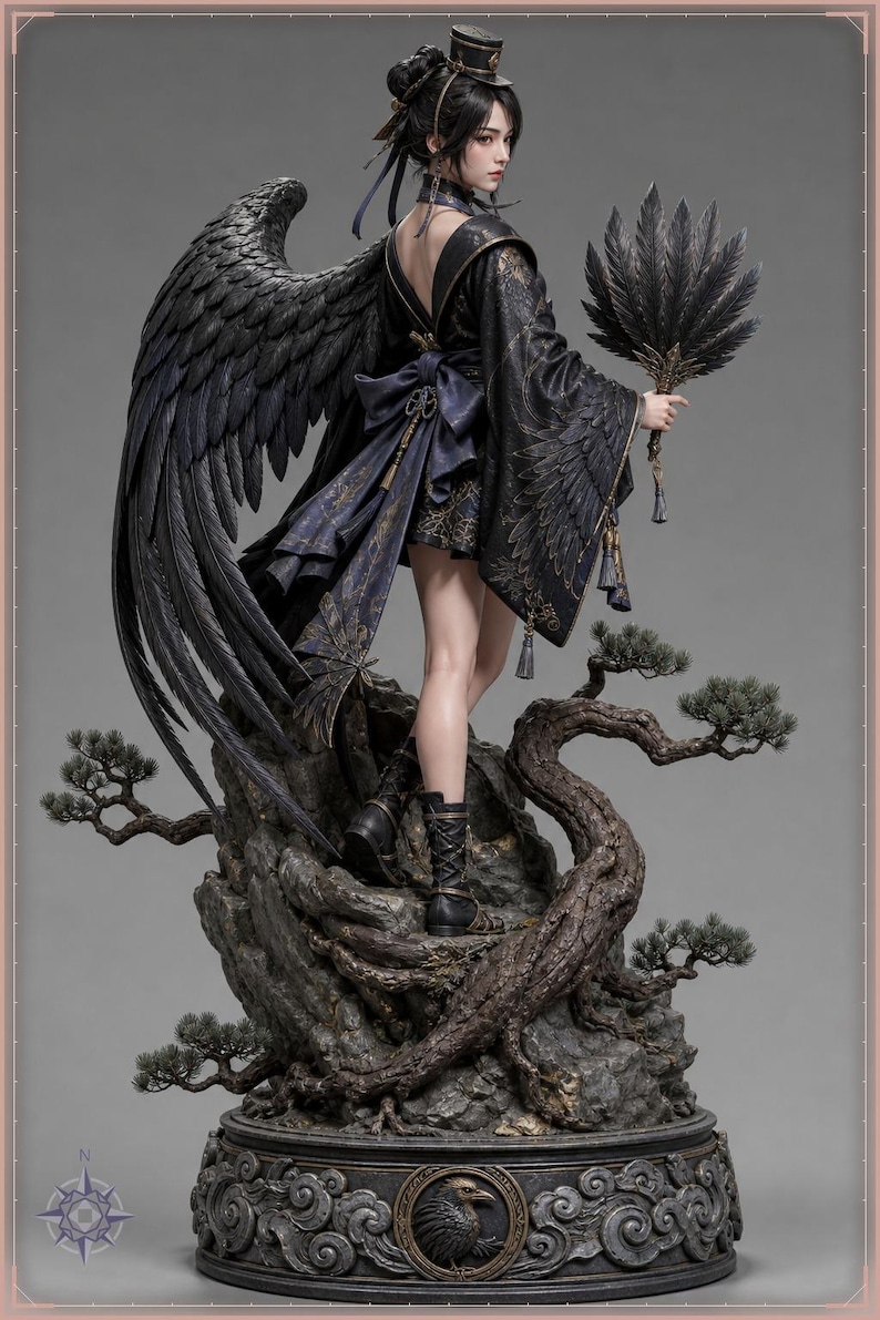 Tengu Girl STL file - Karasu Crow Yokai Warrior Statue: AI concept artwork the 3D model was made from, Mystvane