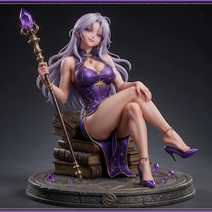 Sorceress STL file - Anime Sorceress Girl on Spellbooks Statue: AI concept artwork the 3D model was made from, Mystvane