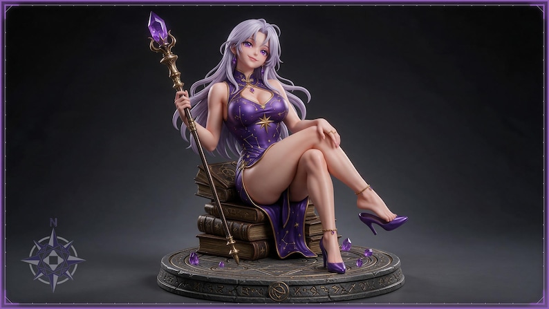 Sorceress STL file - Anime Sorceress Girl on Spellbooks Statue: AI concept artwork the 3D model was made from, Mystvane