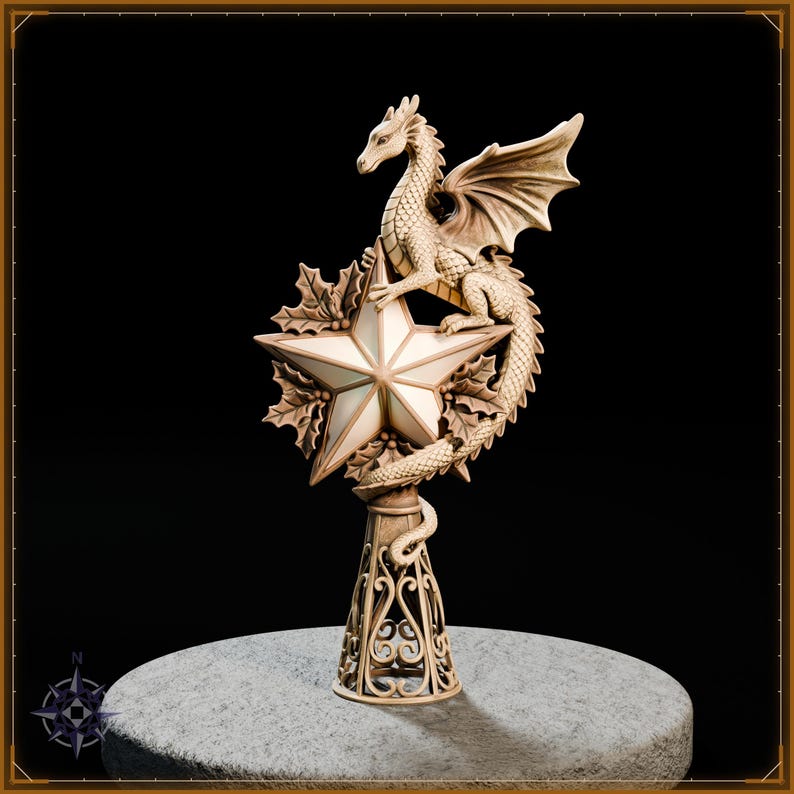 Golden Dragon Christmas Tree Topper – STL file for 3D printing - fantasy statue, image 2 of 11