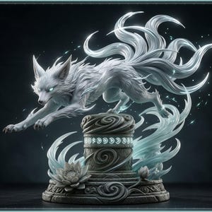 May include: A white multi-tailed fox figurine in a dynamic leaping pose, perched atop a cylindrical stone-textured pedestal adorned with carved swirl patterns, a lotus flower, and a glowing band of light with abstract symbols.