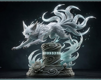May include: A white multi-tailed fox figurine in a dynamic leaping pose, perched atop a cylindrical stone-textured pedestal adorned with carved swirl patterns, a lotus flower, and a glowing band of light with abstract symbols.