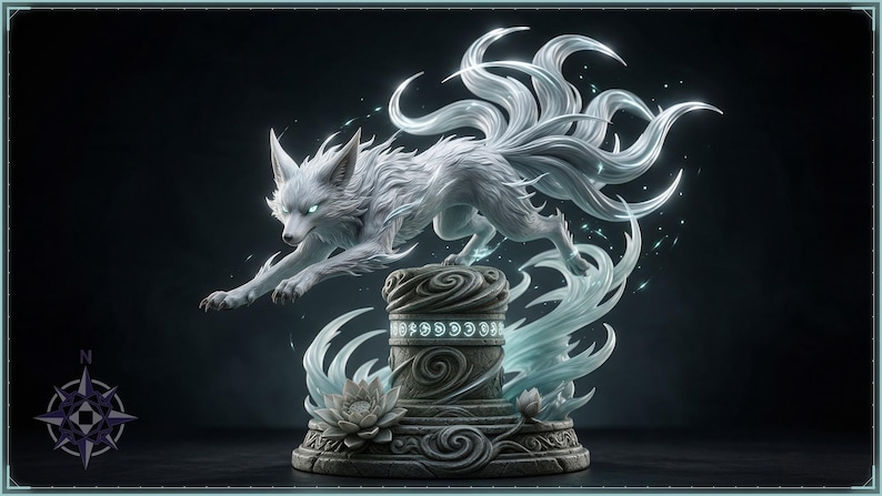Gale Kitsune STL file - Wind Spirit Nine-Tailed Fox Leaping Statue: AI concept artwork the 3D model was made from, Mystvane