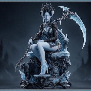 May include: A pale-skinned figure with glowing white eyes sits on an ornate stone throne adorned with gargoyles and ice crystals. The figure wears a black lace-trimmed outfit and a crown, holding a large, jagged scythe with a translucent blade.
